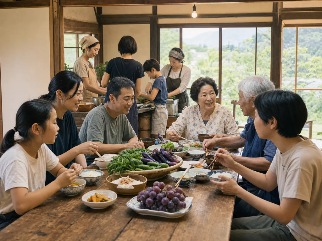 山梨の食材を囲んで世代を越えて交流する地域の人々のイメージ