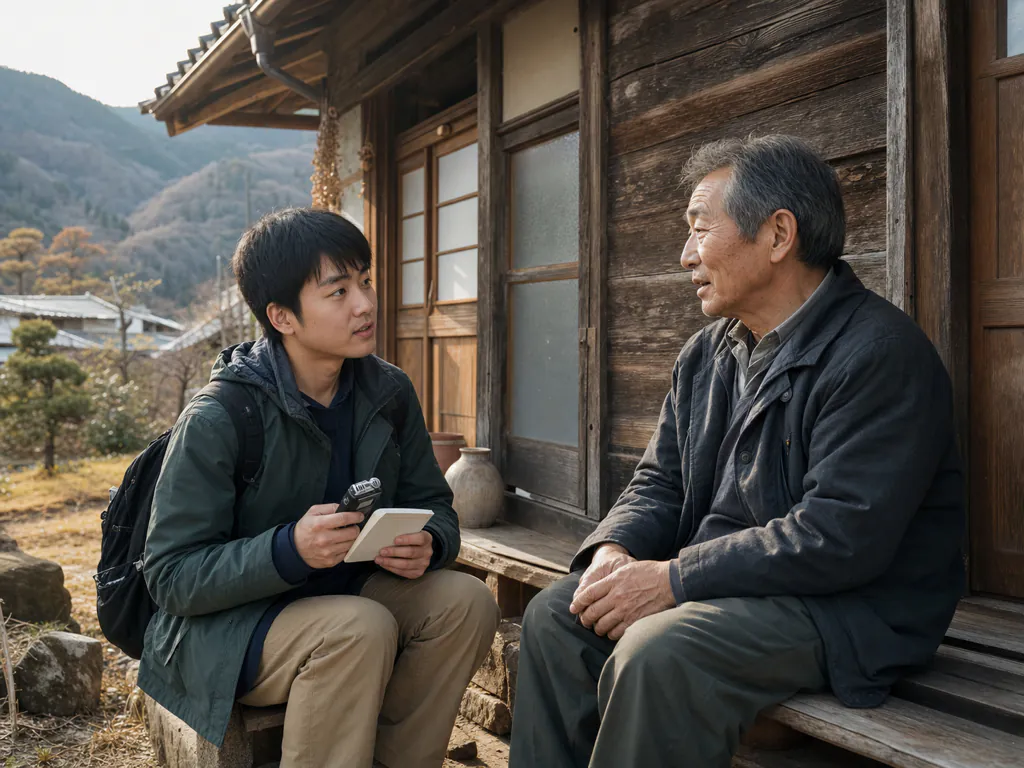 古民家の縁側で地域住民に聞き取りをするイメージ